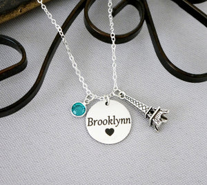 Eiffel Tower Necklace - Custom Name & Birthstone