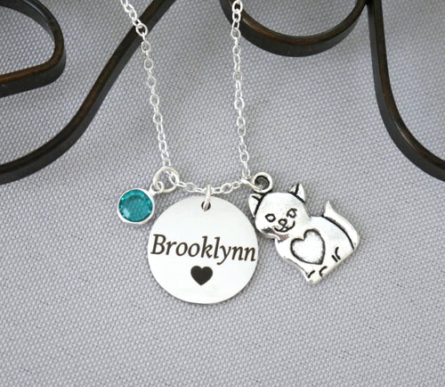 Cat Necklace - Custom Name Disc - Birthstone