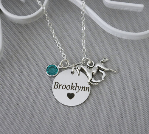 Horse Necklace - Custom Name Disc - Birthstone