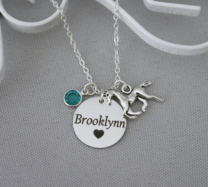 Horse Necklace - Custom Name Disc - Birthstone