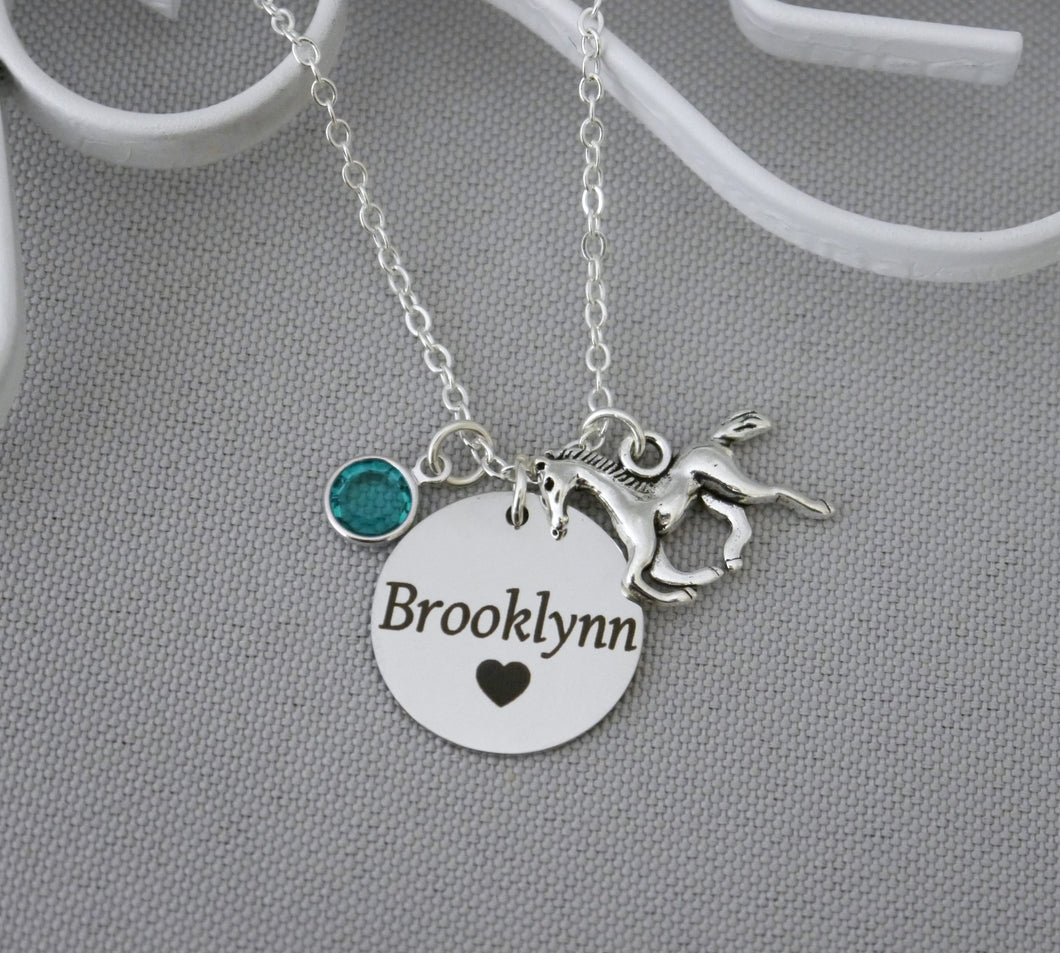 Horse Necklace - Custom Name Disc - Birthstone