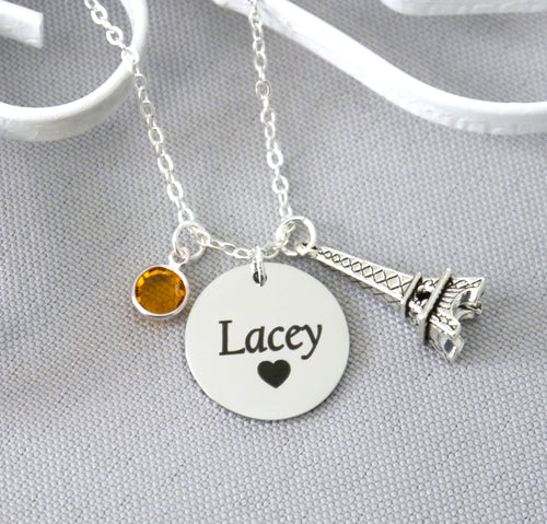 Eiffel Tower Necklace - Custom Name & Birthstone
