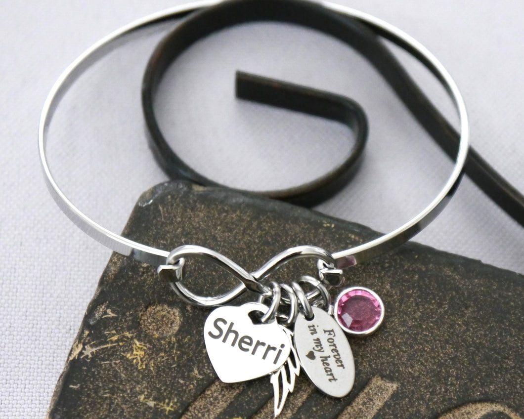 ENGRAVED NAME HEART INFINITY BANGLE