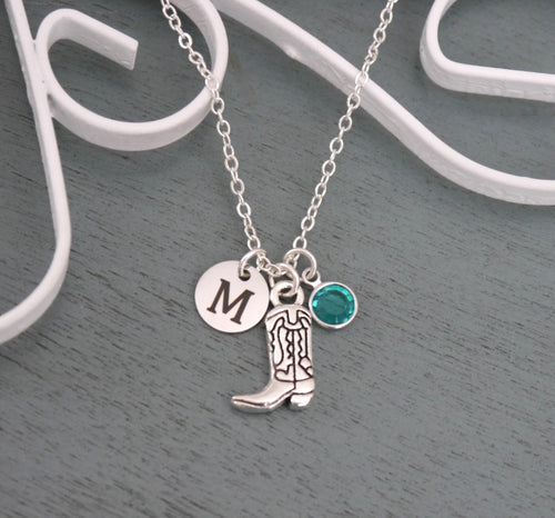 Cowgirl Boot Necklace - Initial Necklace - Birthstone