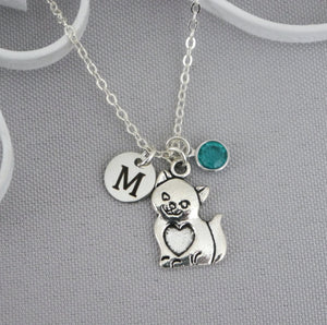 Cat Necklace - Initial Disc - Birthstone - Personalized