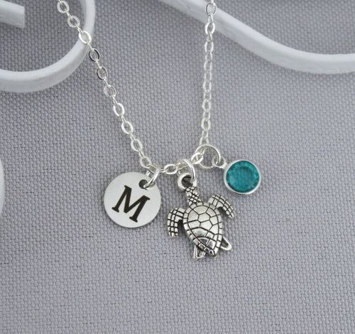 Turtle Necklace - Initial Birthstone Personalized
