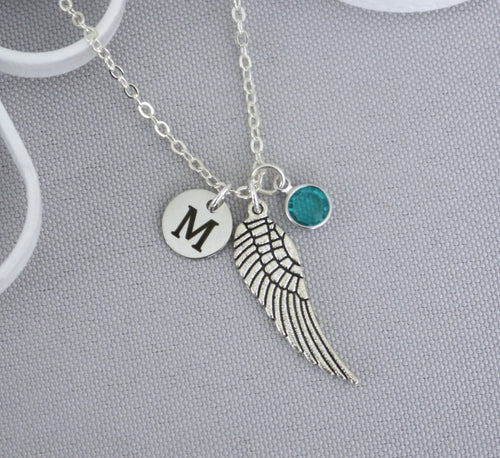 Angel Wing Necklace - Initial Necklace - With Birthstone
