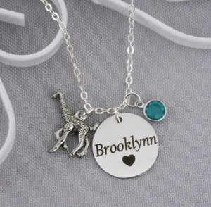 Giraffe Necklace - Custom Name Disc - Birthstone