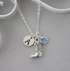 Cowgirl Boot Necklace - Initial Necklace - Birthstone