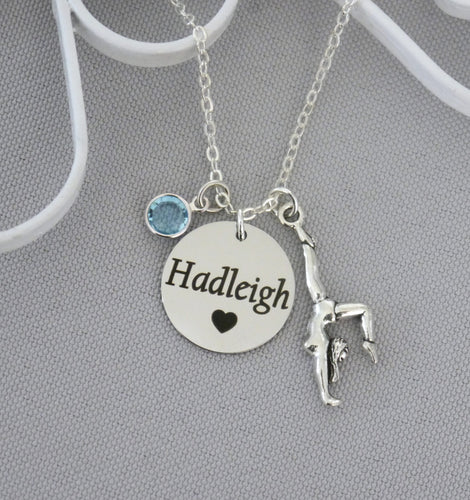 Gymnast Necklace - Custom Name Disc - Birthstone
