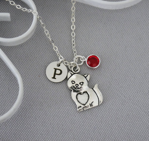 Cat Necklace - Initial Disc - Birthstone - Personalized