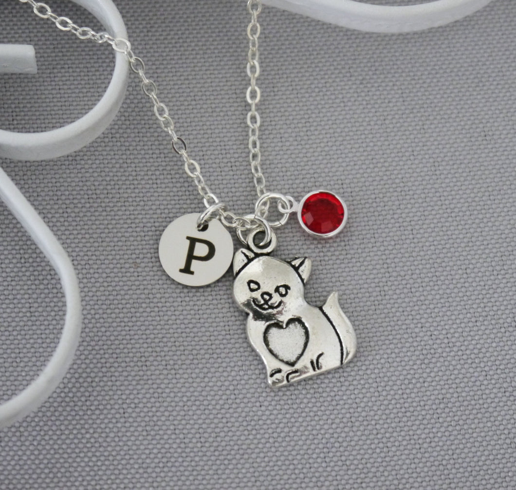 Cat Necklace - Initial Disc - Birthstone - Personalized