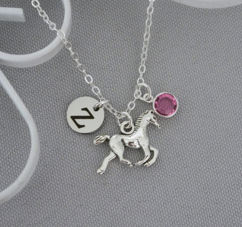 Custom Horse Necklace - Initial & Birthstone