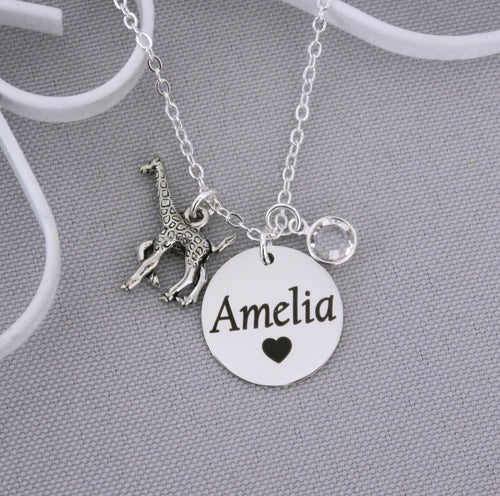 Giraffe Necklace - Custom Name Disc - Birthstone
