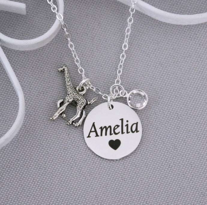 Giraffe Necklace - Custom Name Disc - Birthstone