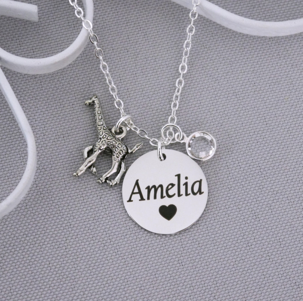 Giraffe Necklace - Custom Name Disc - Birthstone