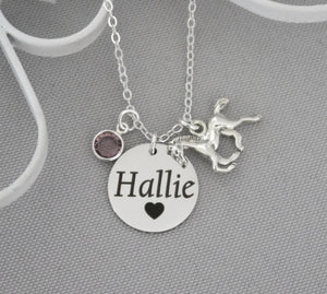 Horse Necklace - Custom Name Disc - Birthstone