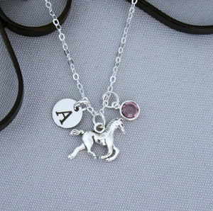 Horse Necklace - Initial Necklace - With Birthstone