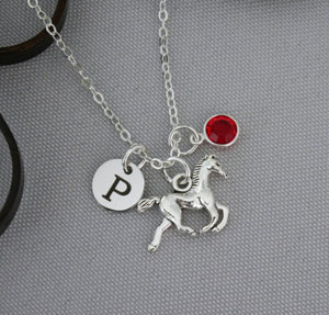 Horse Necklace - Initial Necklace - With Birthstone