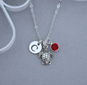 Turtle Necklace - Initial Birthstone Personalized