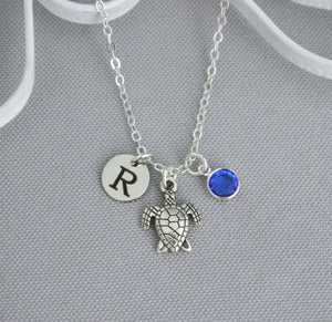 Turtle Necklace - Initial Birthstone Personalized