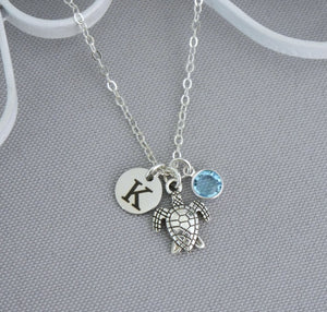 Turtle Necklace - Initial Birthstone Personalized
