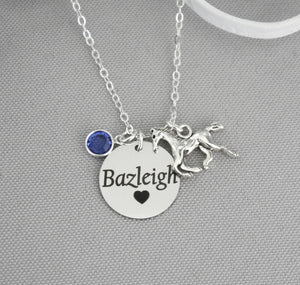 Horse Necklace - Custom Name Disc - Birthstone