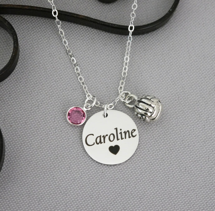 Custom Volleyball Necklace - Name Disc & Birthstone
