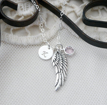 Load image into Gallery viewer, Personalized Wing Necklace - Angel Wing Initial Necklace - With Birthstone - Sympathy Gifts - Memorial Gifts