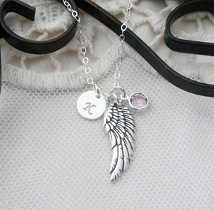 Personalized Wing Necklace - Angel Wing Initial Necklace - With Birthstone - Sympathy Gifts - Memorial Gifts