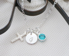 Load image into Gallery viewer, Baptism Necklace - Cross Necklace - Initial Necklace - With Birthstone - Personalized - Sterling Silver - For Girls