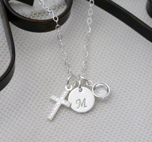 Load image into Gallery viewer, Baptism Necklace - Cross Necklace - Initial Necklace - With Birthstone - Personalized - Sterling Silver - For Girls