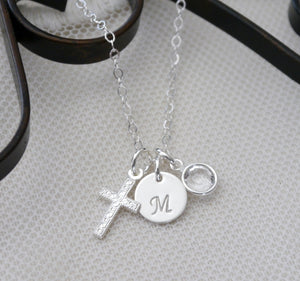 Baptism Necklace - Cross Necklace - Initial Necklace - With Birthstone - Personalized - Sterling Silver - For Girls