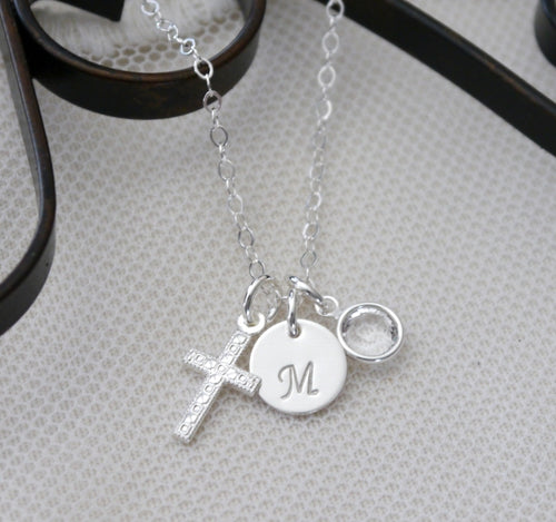 Dainty Cross Necklace - Initial Necklace - With Birthstone - Personalized - Sterling Silver