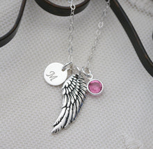 Load image into Gallery viewer, Personalized Wing Necklace - Angel Wing Initial Necklace - With Birthstone - Sympathy Gifts - Memorial Gifts