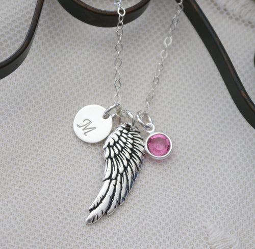 Personalized Wing Necklace - Angel Wing Initial Necklace - With Birthstone - Sympathy Gifts - Memorial Gifts