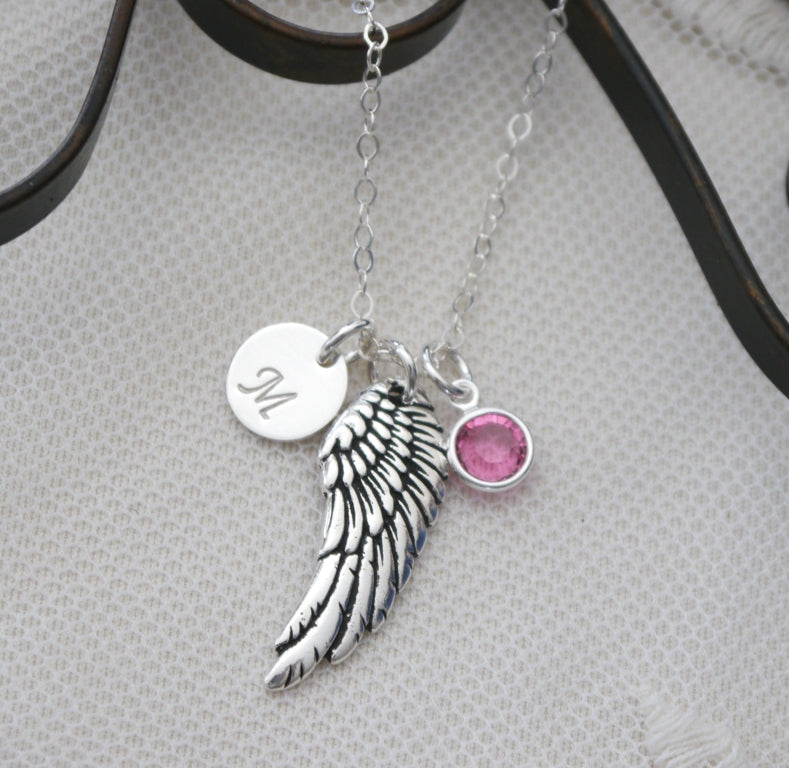 Personalized Wing Necklace - Angel Wing Initial Necklace - With Birthstone - Sympathy Gifts - Memorial Gifts