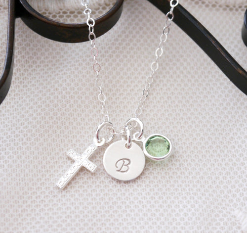 Sterling Silver Cross Necklace - Initial Necklace - With Birthstone - Personalized