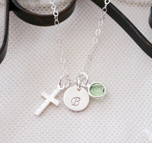 Load image into Gallery viewer, First Communion Necklace - Cross Necklace - Initial Necklace - With Birthstone - Personalized - Sterling Silver - For Girls