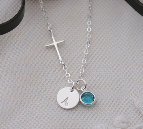 Sideways Cross Link Necklace - Initial Necklace - With Birthstone - Personalized - Sterling Silver