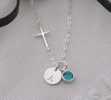 Load image into Gallery viewer, Personalized Sideways Cross Necklace - Initial Necklace - With Birthstone - Sterling Silver
