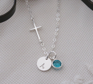 Personalized Sideways Cross Necklace - Initial Necklace - With Birthstone - Sterling Silver