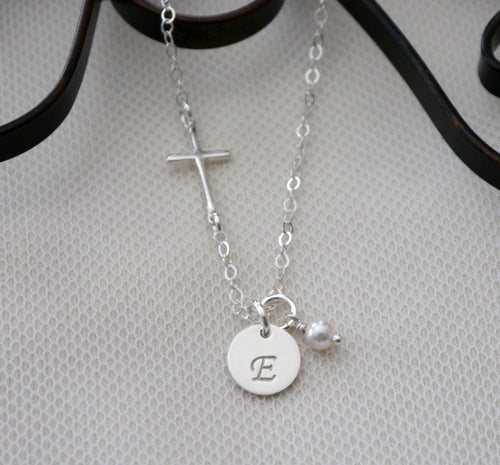 Personalized Sideways Cross Necklace - Initial Necklace - With Birthstone - Sterling Silver