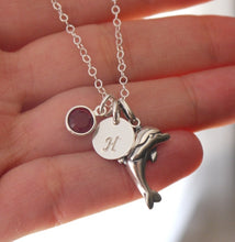 Load image into Gallery viewer, Dolphin Necklace - Initial Necklace - With Birthstone - Sterling Silver - Personalized