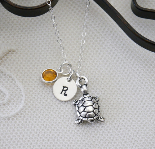 Turtle Necklace - Initial Necklace - With Birthstone - Personalized