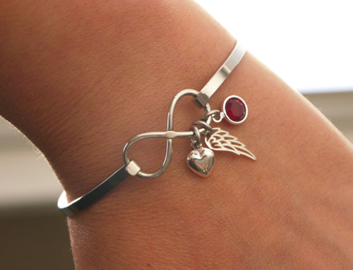 Angel Wing Infinity Bangle with Heart Charm and Birthstone