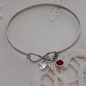 Angel Wing Infinity Bangle with Heart Charm and Birthstone