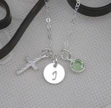 Load image into Gallery viewer, First Communion Necklace - Cross Necklace - Initial Necklace - With Birthstone - Personalized - Sterling Silver - For Girls