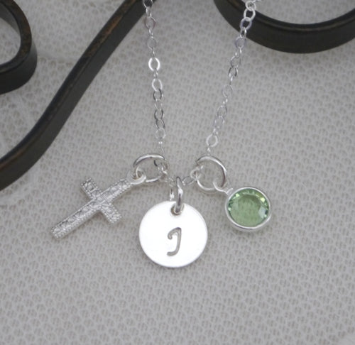 First Communion Necklace - Cross Necklace - Initial Necklace - With Birthstone - Personalized - Sterling Silver - For Girls