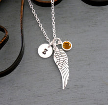 Load image into Gallery viewer, Angel Wing Necklace - Initial Necklace - With Birthstone